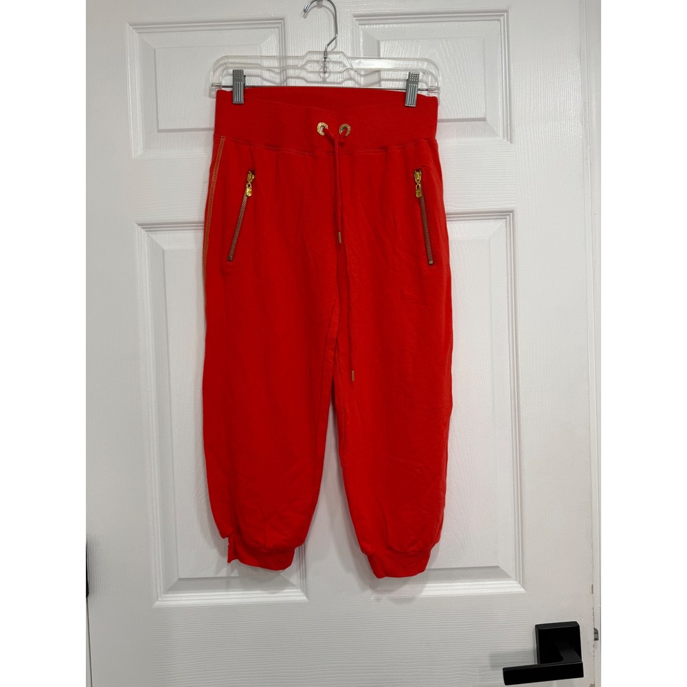 Bebe Red Rhinestone Logo Tracksuit Set XS Y2K Hoodie Capri Joggers